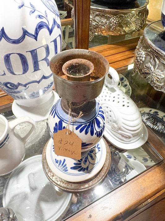 Vintage Porcelain and Metal Candle Stick Holder Blue and White