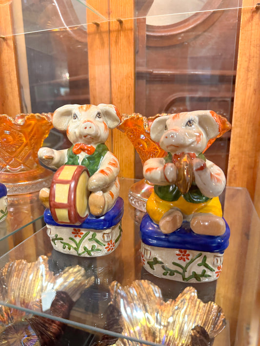 Vintage Staffordshire Porcelain Musician Pigs Figurines Set of 2