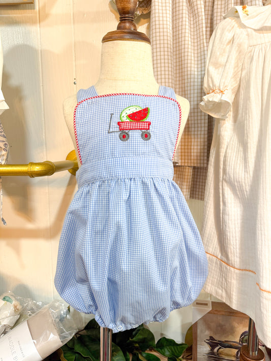 Blue Gingham & Red Detail Little Girls Bubble